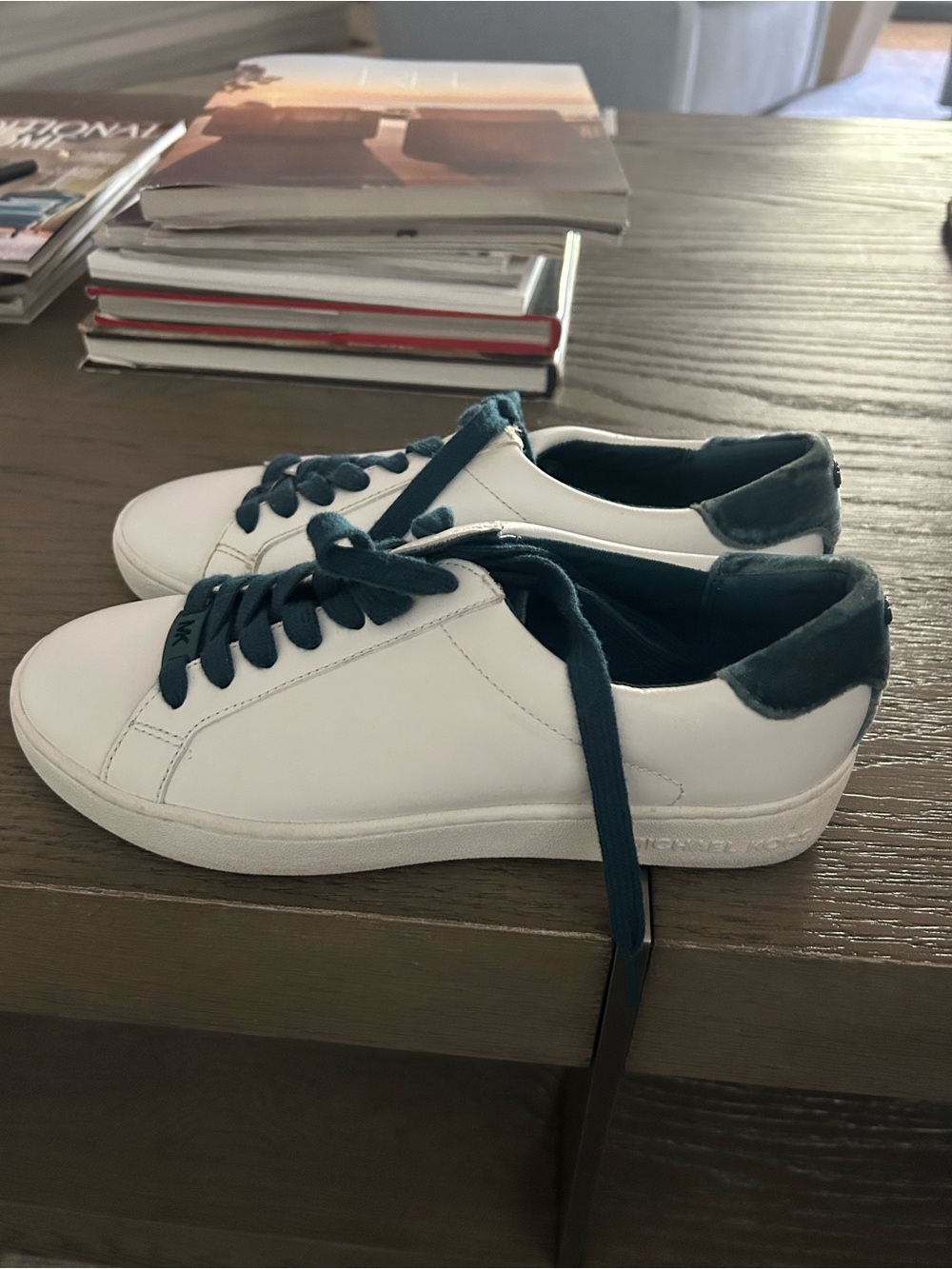 Michael Kors White Leather Sneakers with Teal Accents - Women's Casual Shoes